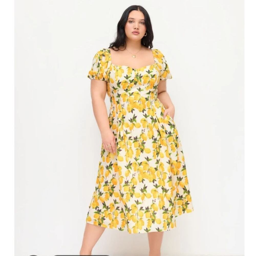 Cider Puff Sleeve Lemon Dress 4XL Smocked Sweatheart Neckline Cottagecore Cotton